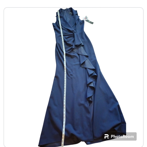 BETSY & ADAM Ruffled Tuxedo Navy Maxi Dress Sleevless Side Slit NWT sz 8 - Picture 11 of 14